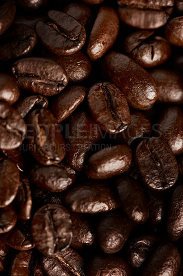 Buy stock photo Group, coffee beans and organic grain in production, manufacture and prepare seeds for brewing. Closeup, cappuccino blend and raw food texture for energy, mocha and ingredient for espresso beverage