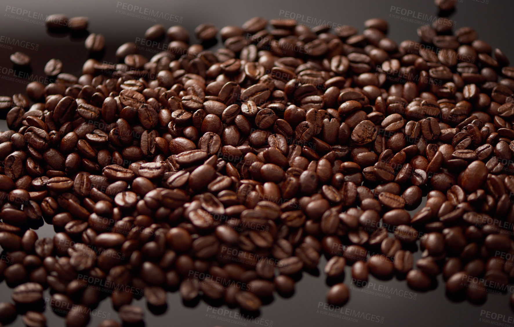 Buy stock photo Coffee, organic and roast with background of beans for industry, supply and natural production. Sustainability manufacturing and texture with seeds for espresso, granules and caffeine beverage