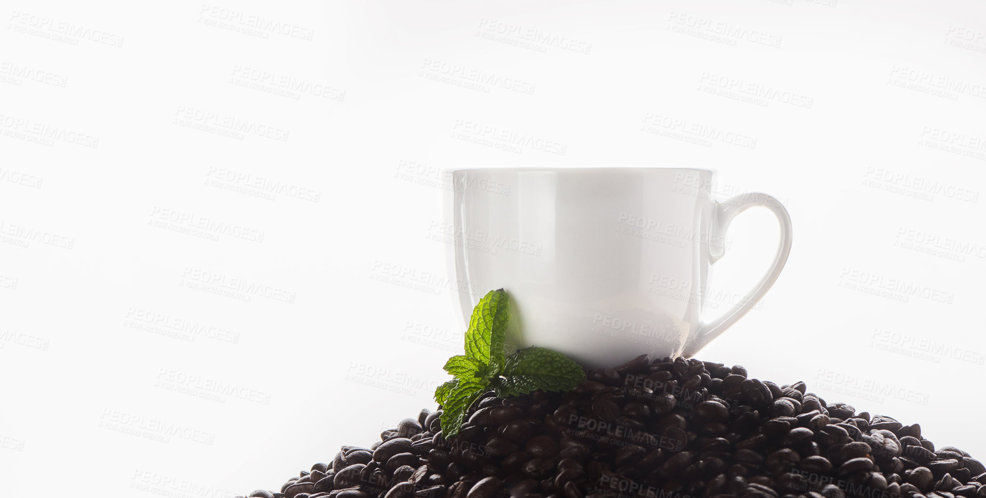 Buy stock photo Space, coffee beans and cup in studio with flavor, leaves and sustainable business for cafe. Espresso, organic roast and morning drink with eco friendly caffeine resources on white background mockup