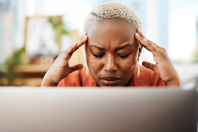 Buy stock photo Headache, stress and business black woman with laptop for error, mistake and network problem. Corporate office, technology and female worker with burnout, frustrated and migraine with computer issue