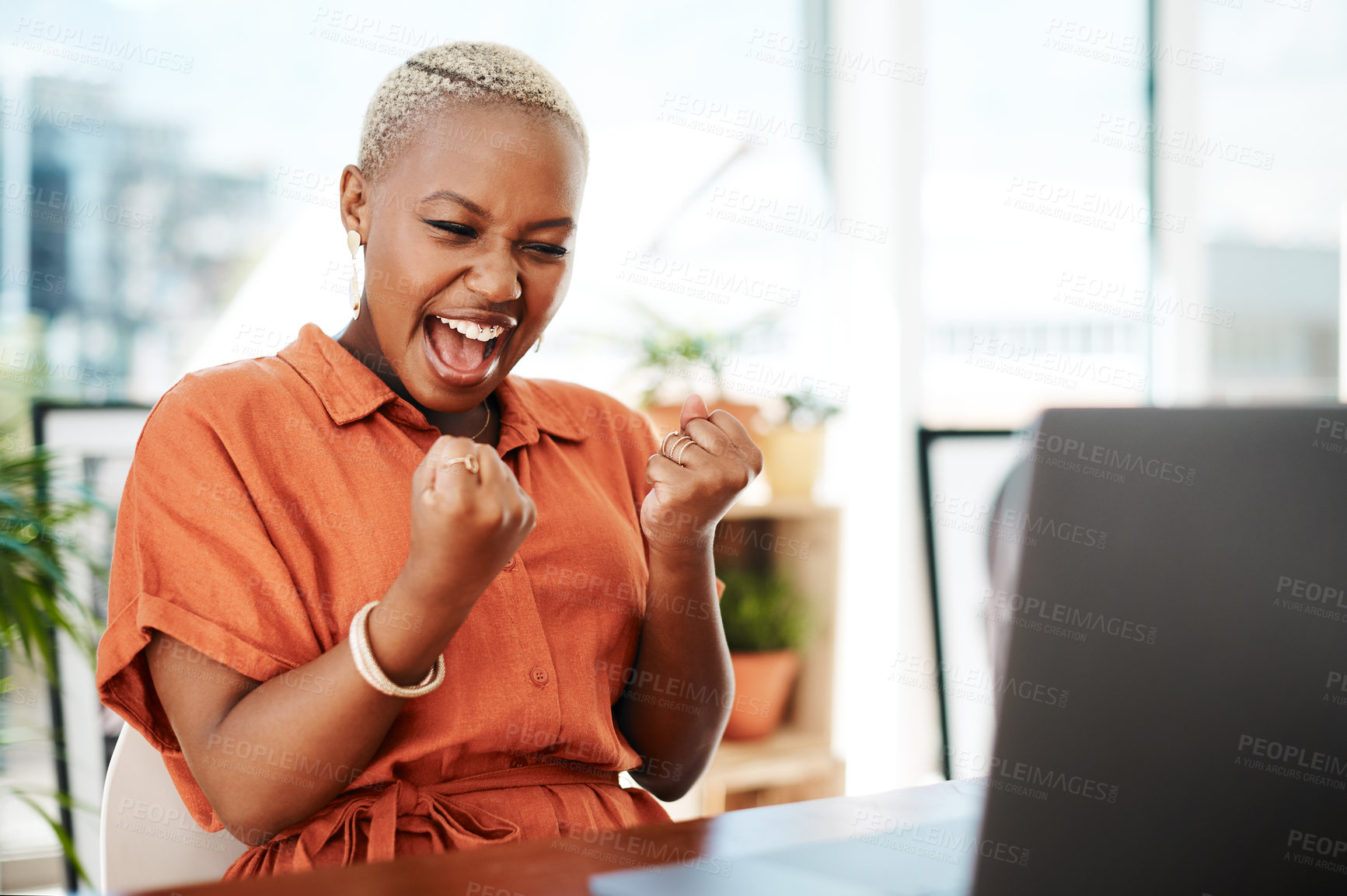 Buy stock photo Business, fist and black woman with success, celebration and achievement in a workplace. Female employee, person and entrepreneur with happiness, startup and cheering with good news, email and goals