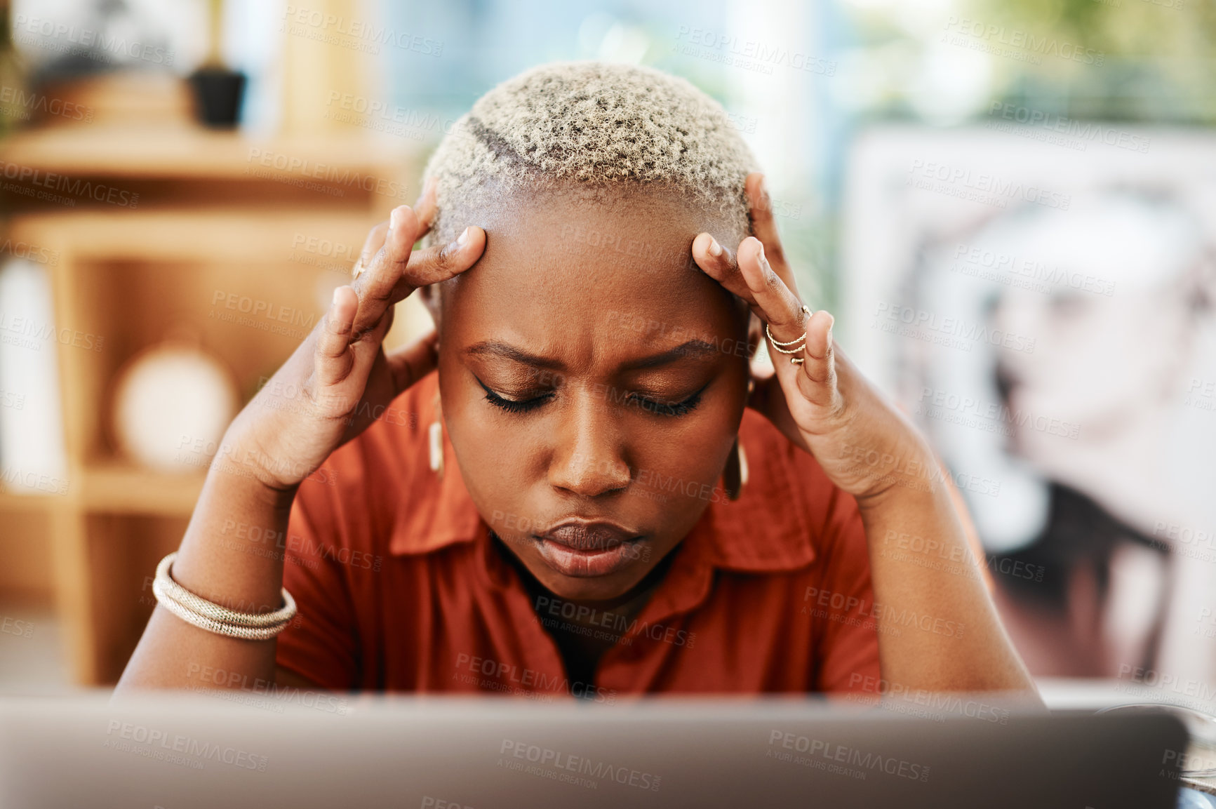Buy stock photo Headache, stress and black woman with laptop in office for error, mistake and network problem. Business, technology and female worker with burnout, frustrated face and migraine for computer issue