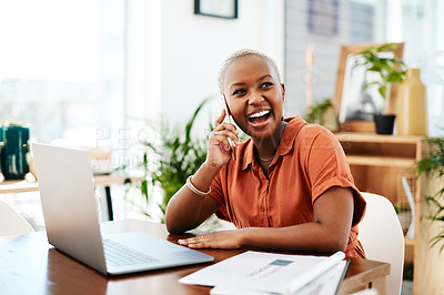 Buy stock photo Phone call, happy and business black woman with laptop for contact, connection and network. Corporate office, communication and female worker laugh on smartphone for conversation, discussion and chat