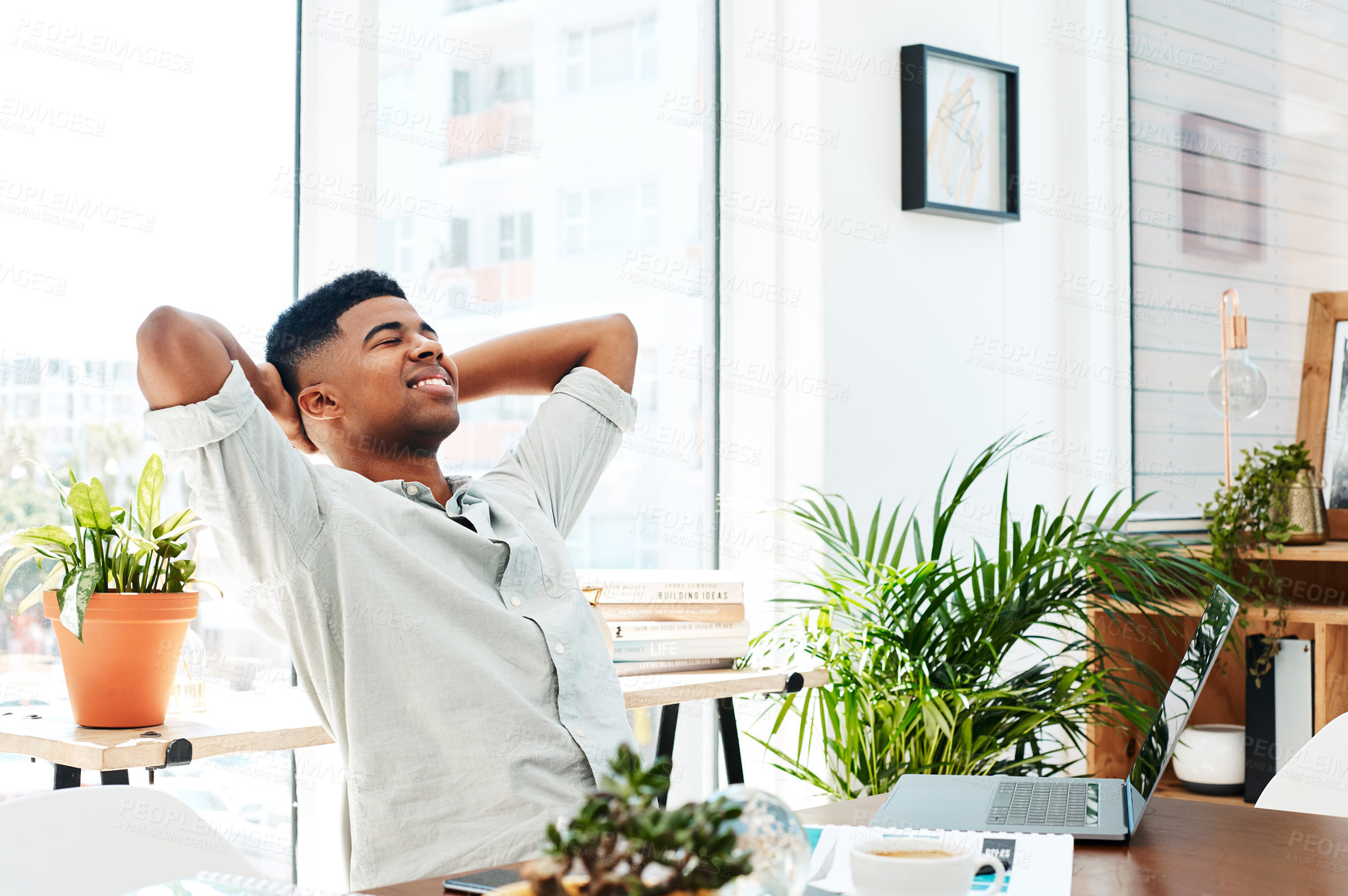 Buy stock photo Happy, rest and business man in office with laptop for relaxing, break and relief at desk. Hands on head, creative worker and person with computer done for project, working and finish in workplace