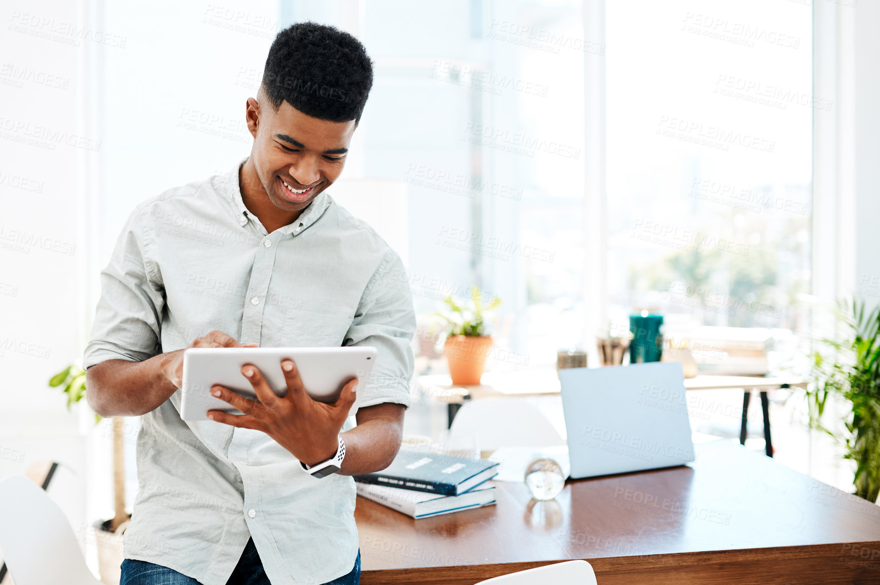 Buy stock photo Happy, tablet and business black man in office for planning, online networking and project for web design. Creative company, digital agency and person on tech for user interface, research and website