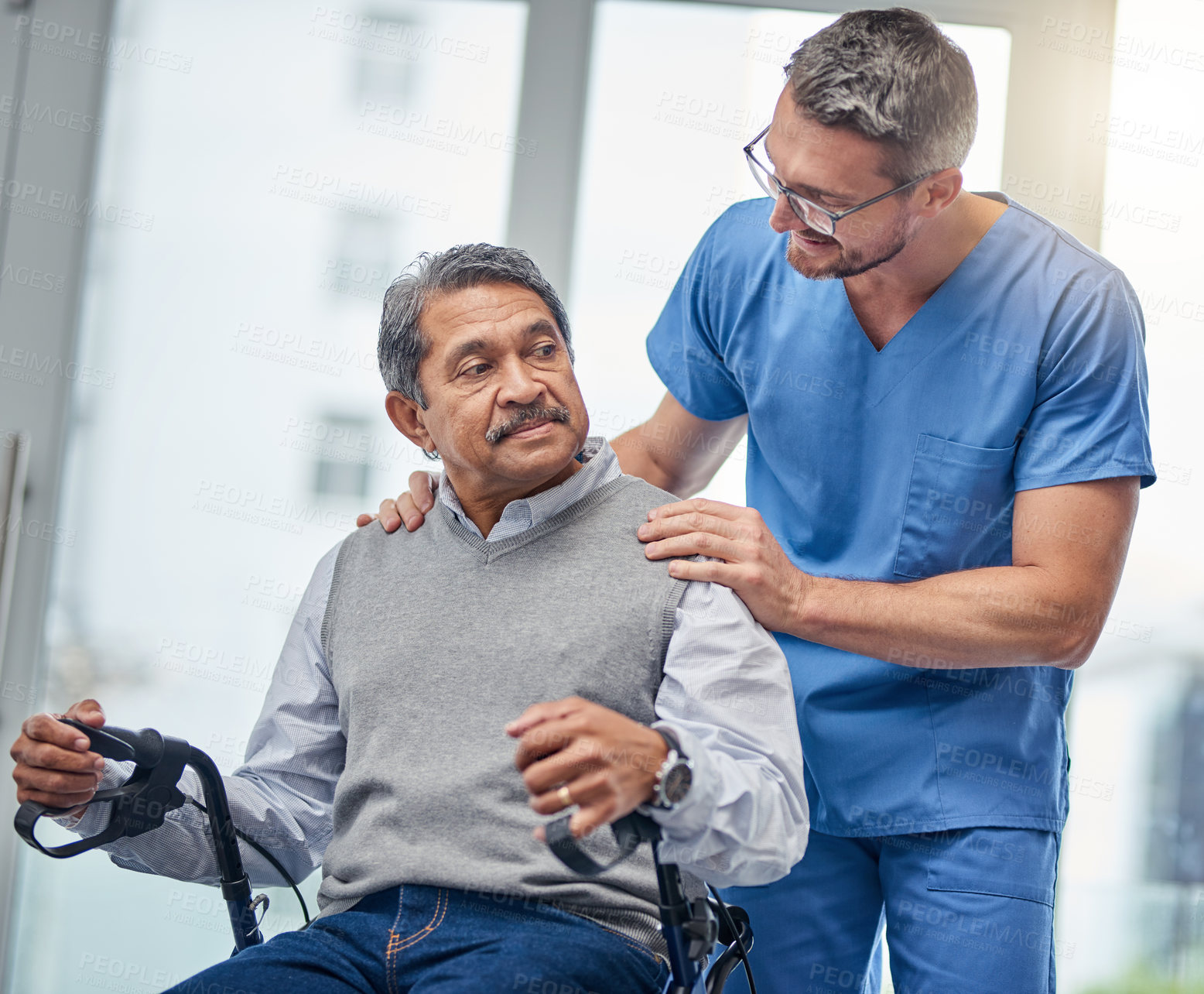 Buy stock photo Hospital, walker and nurse with elderly man for care, support and recovery in wheelchair. Healthcare, wellness and senior person with disability with medical worker for rehabilitation and healing