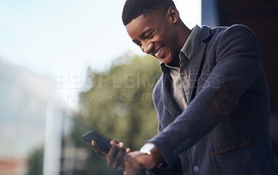 Buy stock photo Man, phone and laughing for conversation on balcony, black person and networking client in office. Male person, professional lawyer and discussion on legal case, attorney and chat to business contact