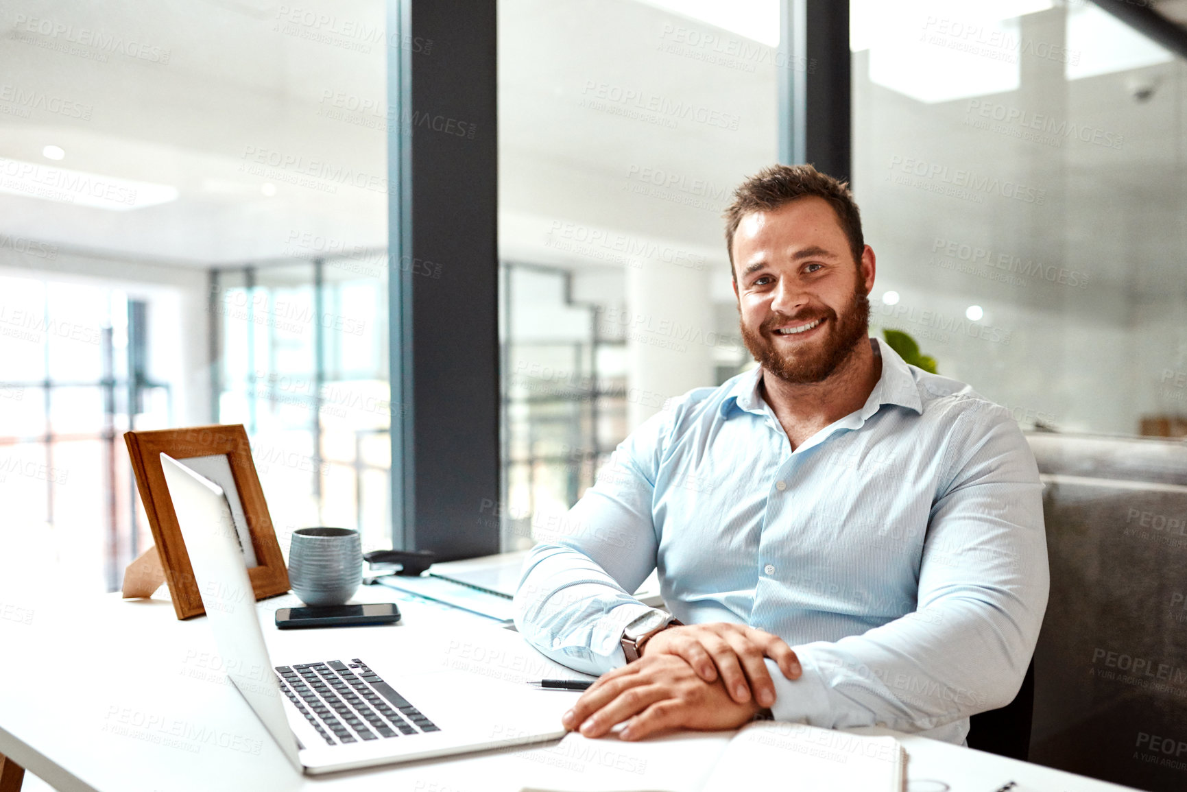 Buy stock photo Business, man and happy portrait with laptop at office with diary for research or information as hr manager. Male person, boss and smile in confidence for career growth, job opportunity and pride