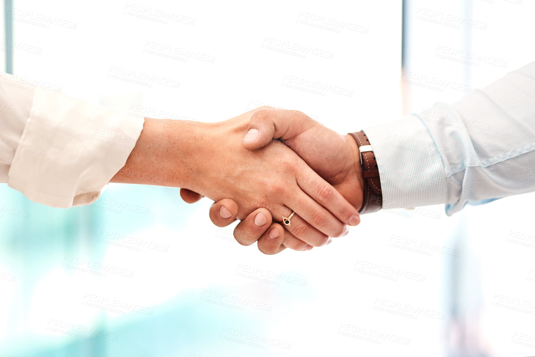 Buy stock photo Business people, merger and handshake closeup for negotiation, funding agreement and b2b deal. Office, executive director and entrepreneur greeting investor for collaboration, partnership or meeting 