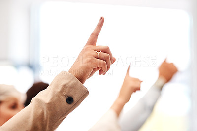 Buy stock photo Closeup shot of a group of unrecognisable businesspeople raising their hands