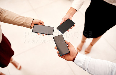 Buy stock photo Business, hands and group with phone connection for application sync, location share or global networking. Top view, professional people and smartphone together for company chat and communication