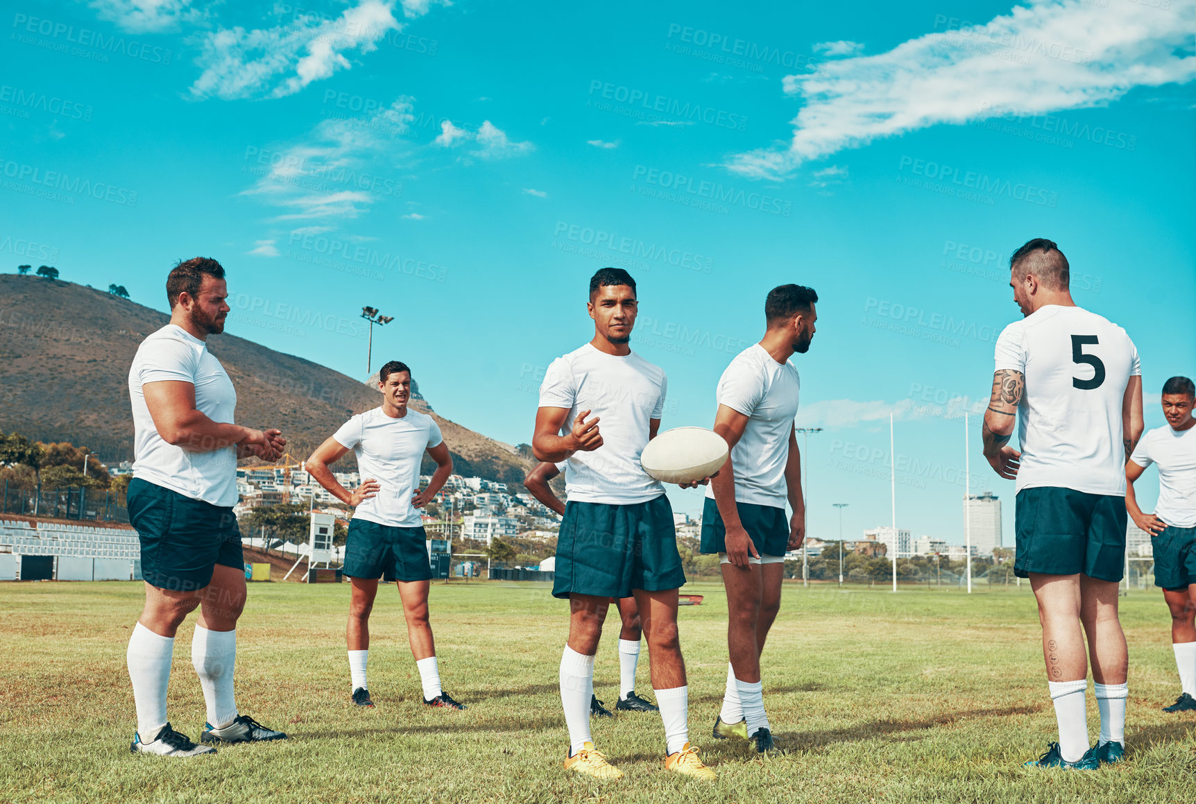 Buy stock photo Rugby, break or men on field for practice training, competition or game routine on pitch. Waiting, athletes or group of players in sports stadium with teamwork for workout, match or fitness exercise