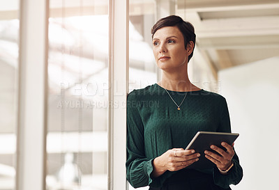 Buy stock photo Woman, tablet and thinking on research in office, network and journalist ideas for column quote. Female person, professional reporter and communication with contact on app, insight and web update