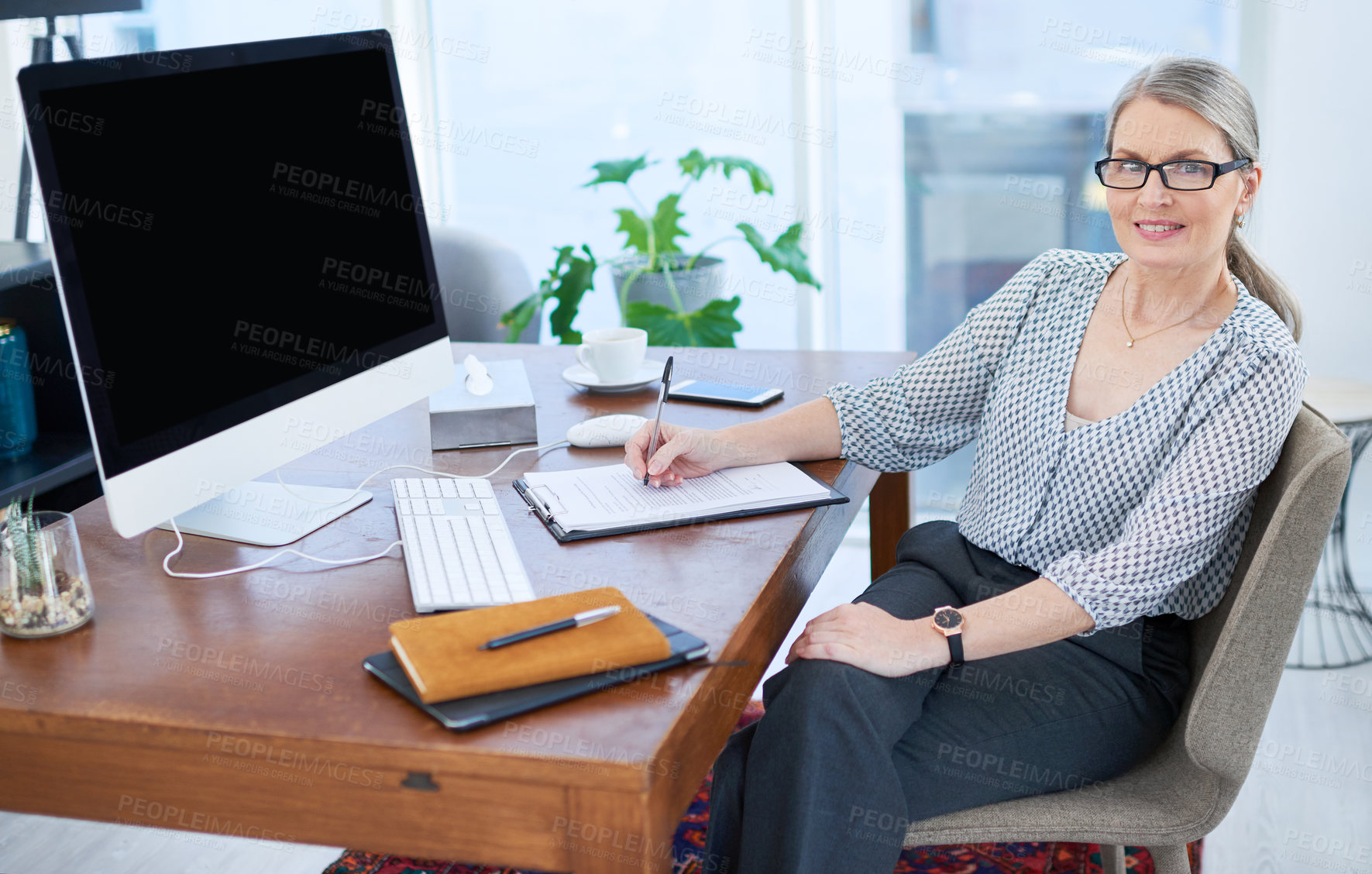 Buy stock photo Psychologist, writing and portrait of woman with clipboard in office for counselling, therapy session or consulting. Paperwork, mental health of mature therapist with notes, checklist or diagnosis