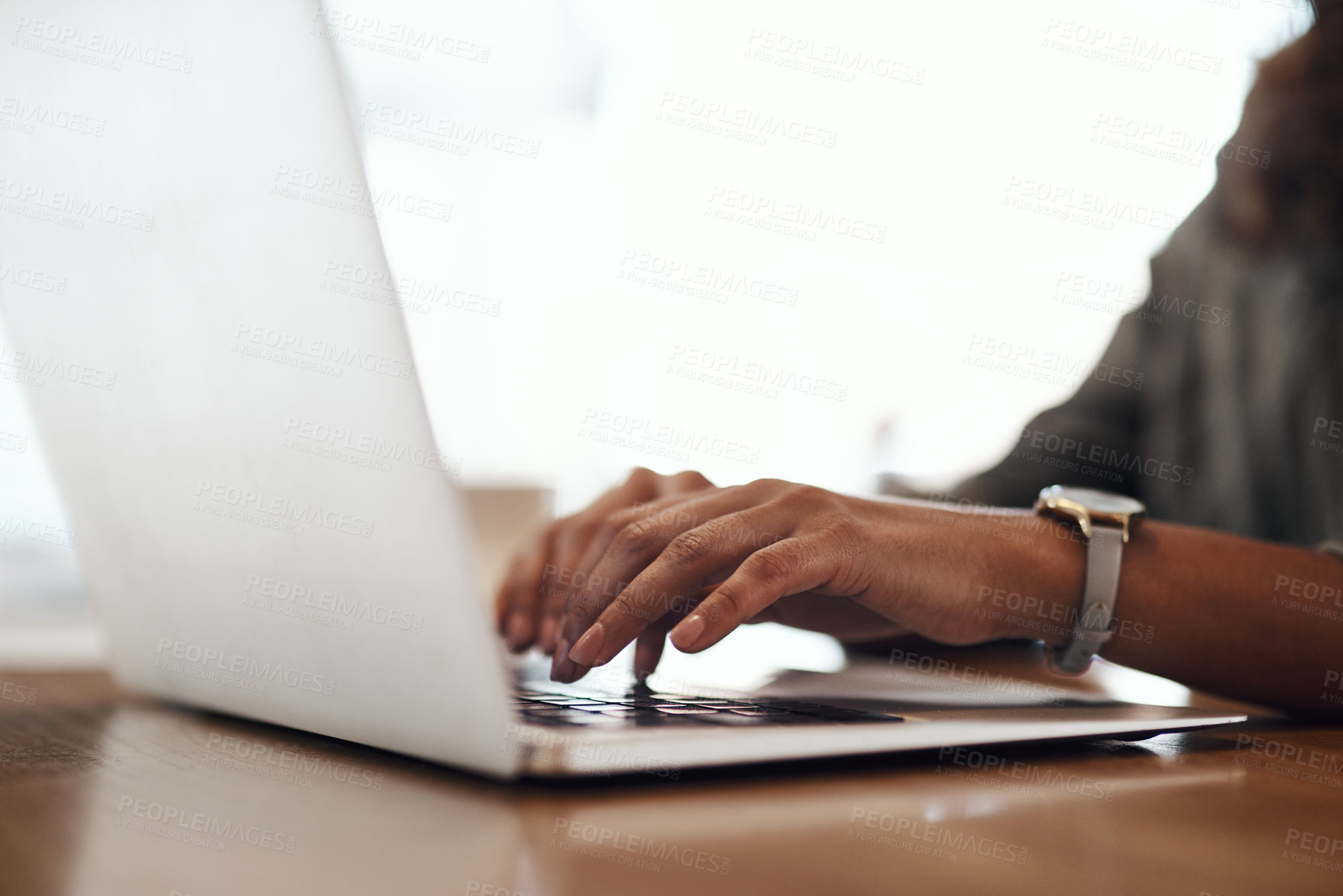 Buy stock photo Laptop, typing and hands of woman with remote work, writing and online planning in cafe. Communication, ideas and freelance writer in coffee shop with computer, report or research for web article