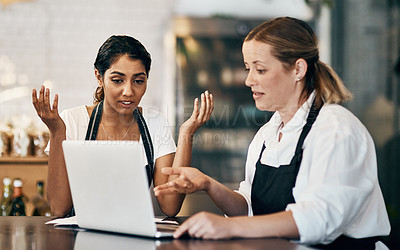 Buy stock photo Business women, anxiety or cafe with laptop for expenses, debt review or financial crisis at indoor restaurant. Young, female people or manager on computer with stress in bankruptcy at coffee shop