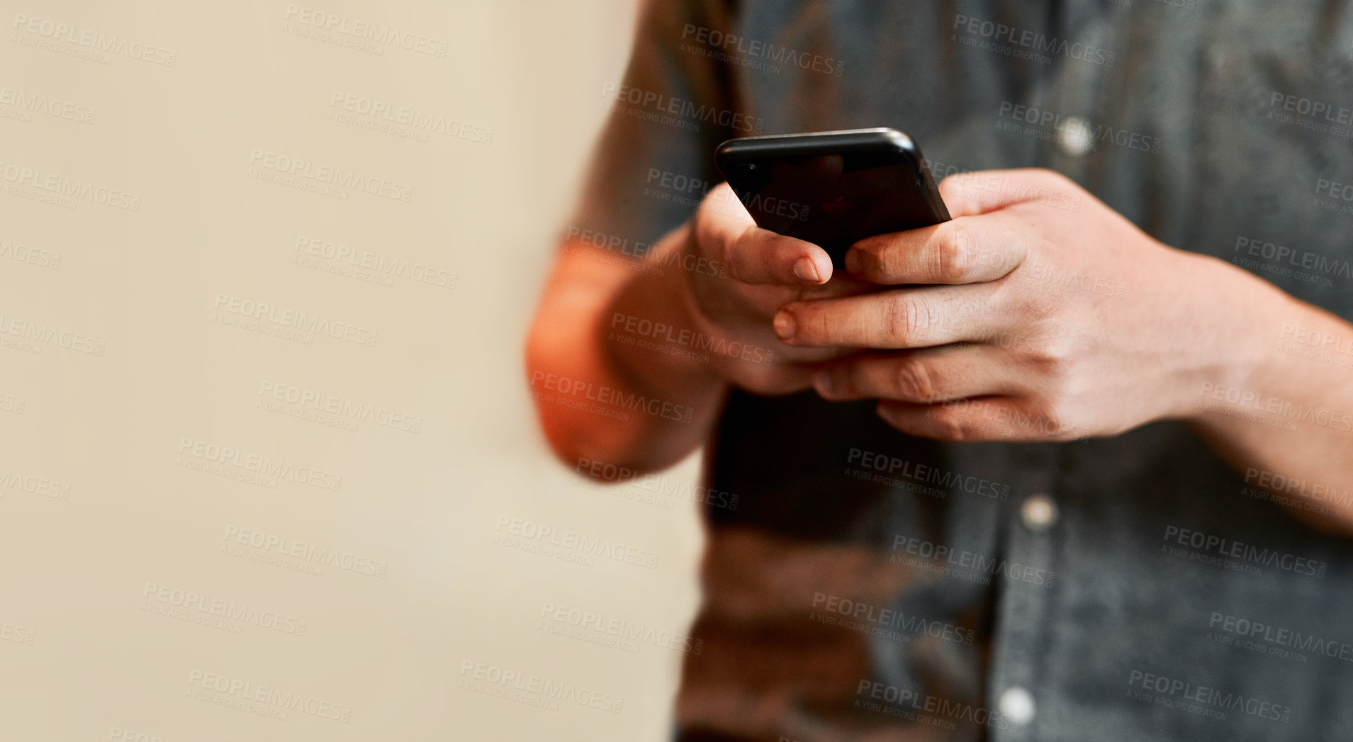 Buy stock photo Man, hands and phone for email on studio background, contact and scroll website for research. Male person, mockup space and app for communication or social media surfing, texting and internet to chat