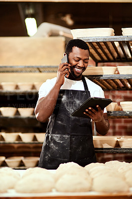 Buy stock photo Phone call, black man and happy baker on tablet for online order, talking or cooking. Communication, smile and chef in bakery on technology for food production, bread manufacturing or startup sales