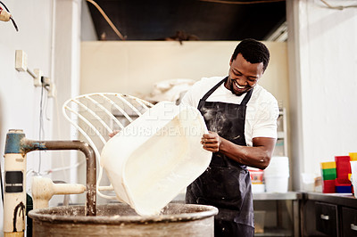 Buy stock photo Cropped shot of a baker pouring flour into a kneading machine