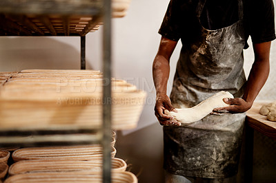 Buy stock photo Black man, hands and bakery with dough for bread, rolls or pastry production at storage warehouse. Closeup, male person or baker with flour, ingredients or wheat for handmade food or heast at factory