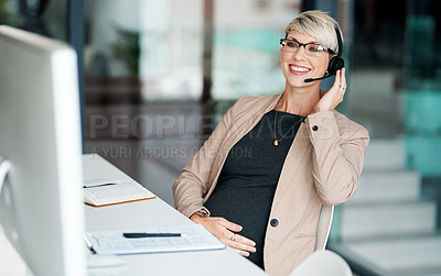 Buy stock photo Computer, pregnant and businesswoman in office with communication for client appointment schedule. Pregnancy, contact and female virtual assistant with online administration task for company.