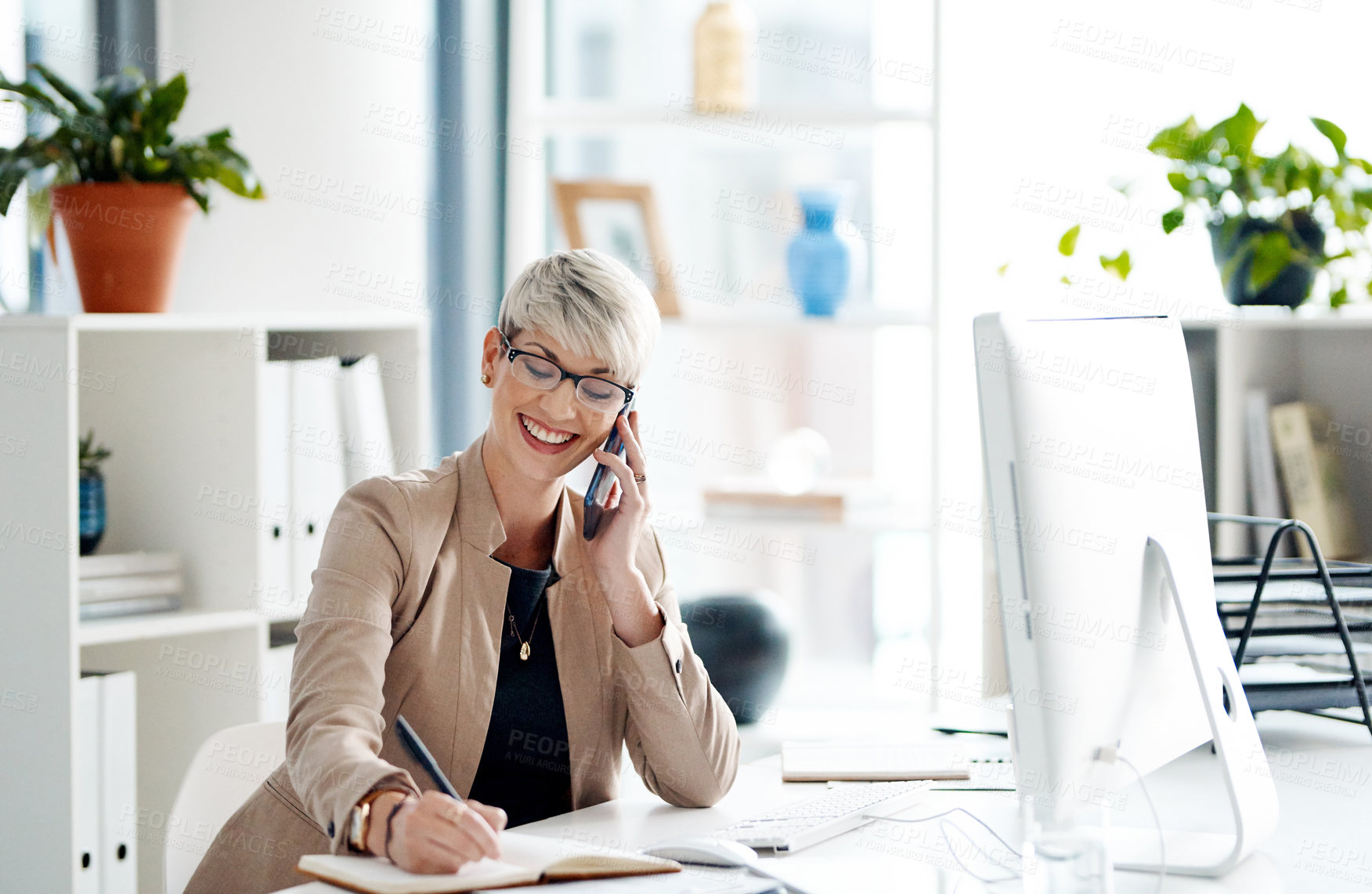 Buy stock photo Phone call, writing notes and business woman for talking to client, planning meeting schedule and contact. Office, corporate and person on smartphone for communication, consulting and connection