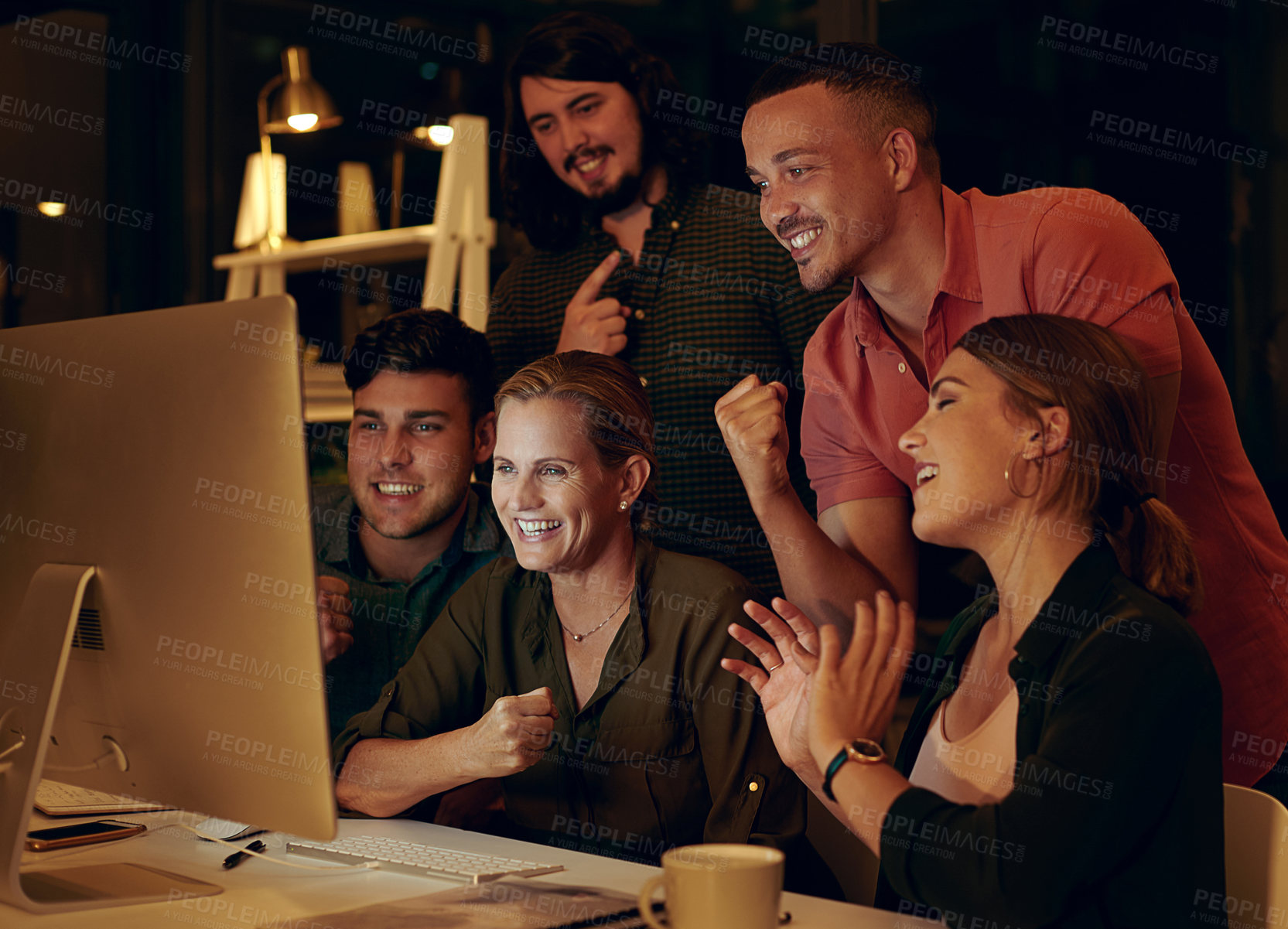 Buy stock photo Computer, celebration and business people in office at night for bonus, prize or achievement. Happy, technology and team of financial advisors excited for increase in investment revenue for company.