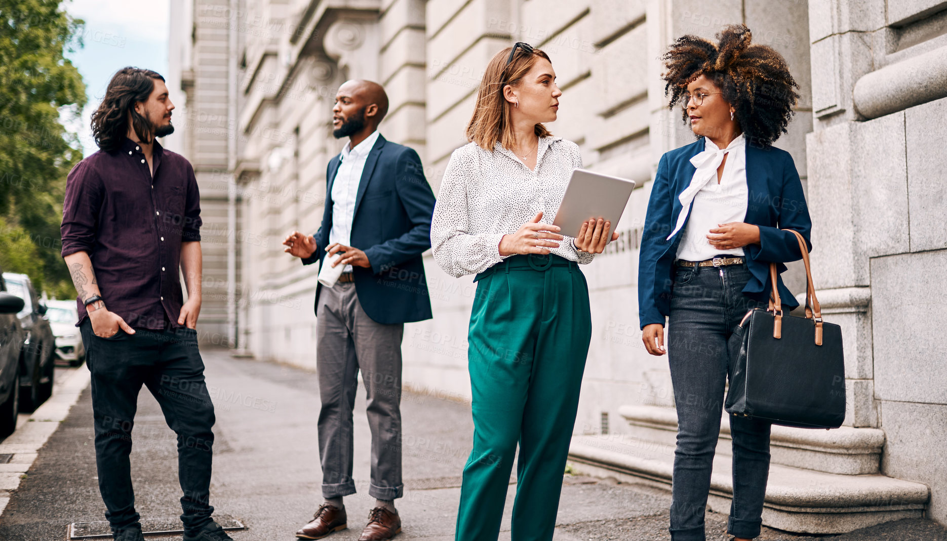 Buy stock photo Business, people and walking in city with discussion on commute, travel and journey in conversation. Professional, corporate team or employees on sidewalk talking for planning, briefing or networking