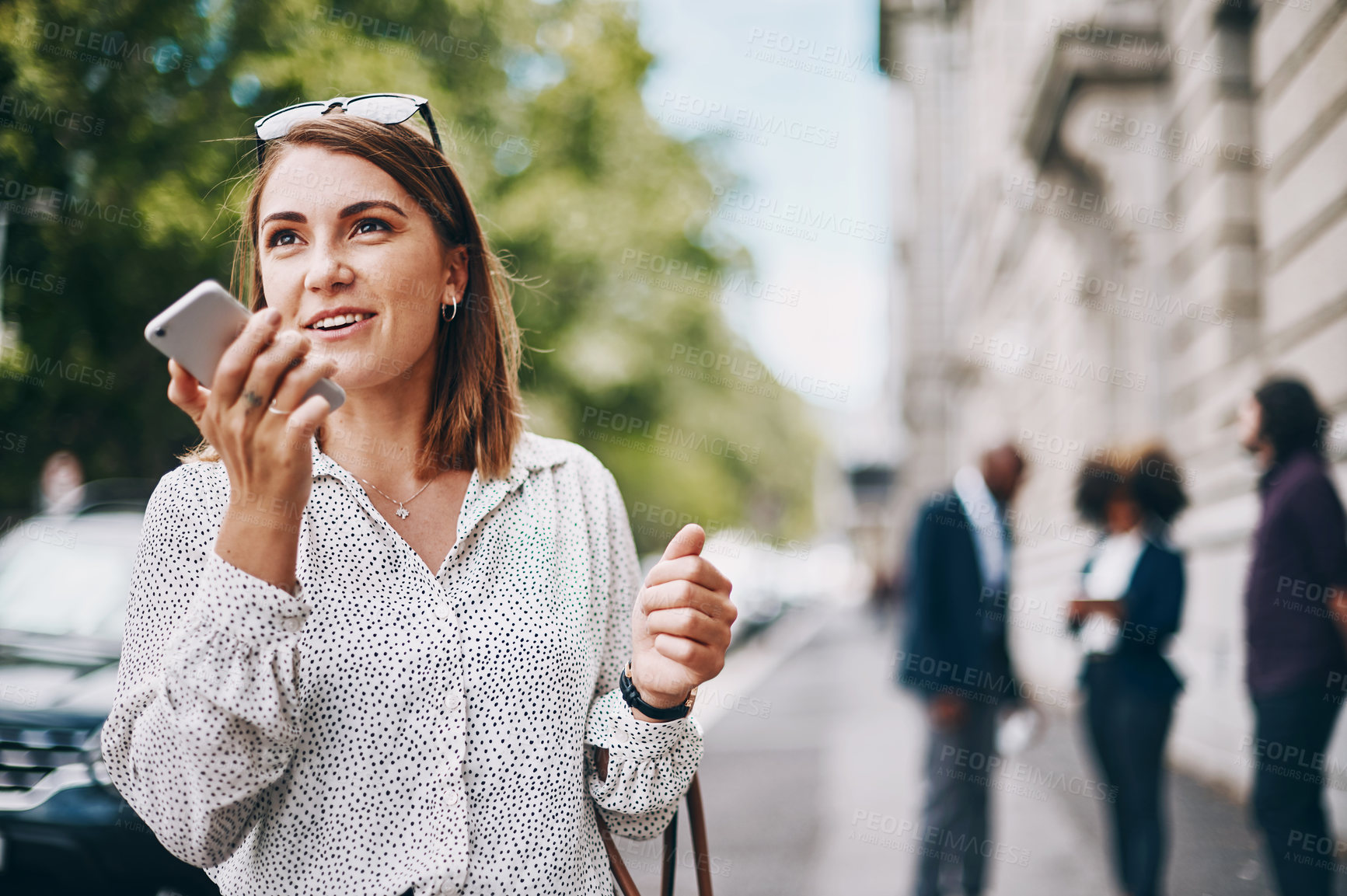 Buy stock photo City, speaker and business woman in phone call with client, conversation and planning for meeting. Outdoor, female person or corporate employee with mobile for communication, listening and voice note