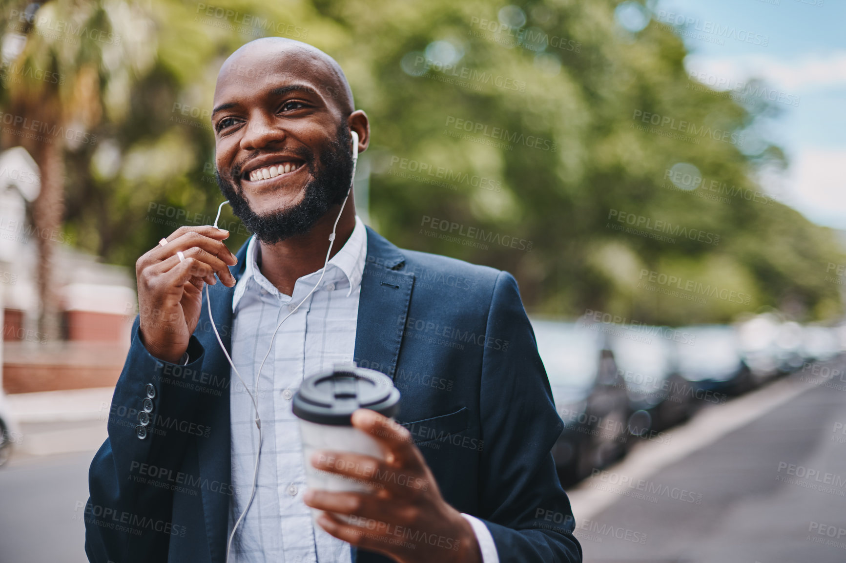 Buy stock photo City, earphones and thinking of black man for music, radio and podcast for motivation in morning. Outdoor, business person or corporate employee with choice for listening, inspiration and walking