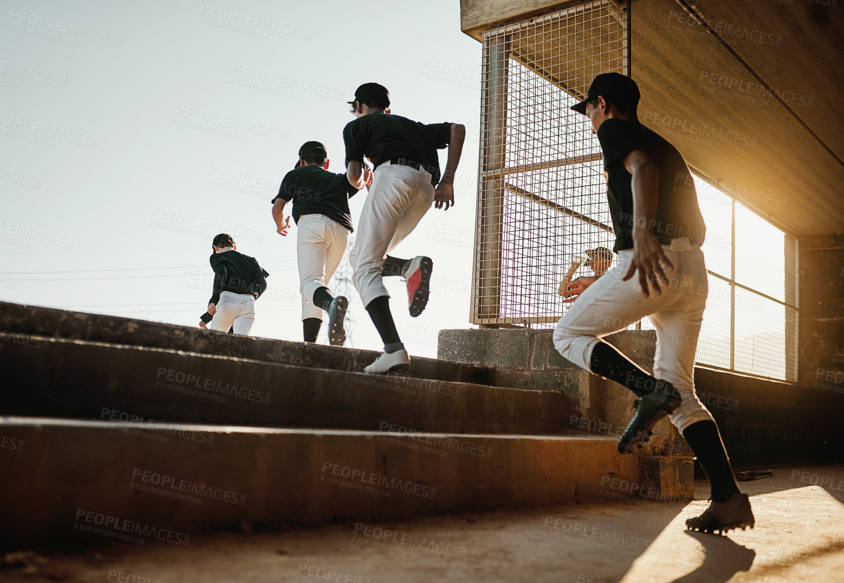 Buy stock photo Sports, baseball dugout or team running for match game, competition or practice in stadium. Back of people, athlete or softball players ready to start exercise, fitness workout or training together