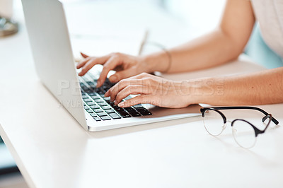 Buy stock photo Woman, hands and typing on laptop for business, email and feedback in company office. Person, computer and research in workplace for proposal, communication and schedule update in calendar software