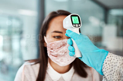 Buy stock photo Covid, thermometer and woman in workplace, mask and check for health, safety and risk management. Face cover, people and employee with virus, company policy and regulations for pandemic or protection