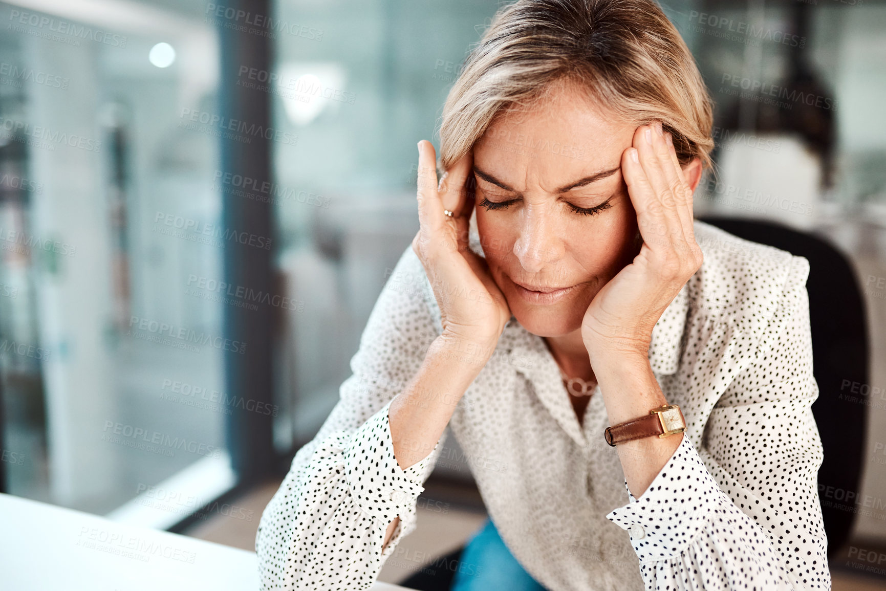 Buy stock photo Stress, headache and business woman in office with tension, migraine and medical crisis. Professional, corporate and frustrated worker with injury for fatigue, burnout and overworked with head pain