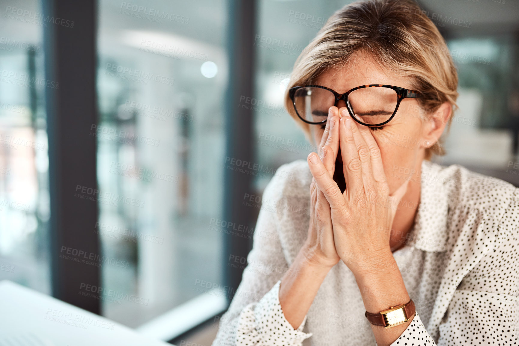 Buy stock photo Headache, burnout and mature businesswoman in office with sickness, illness or allergy symptoms. Migraine, stress and female person with fatigue, exhaustion or tiredness in workplace for career.