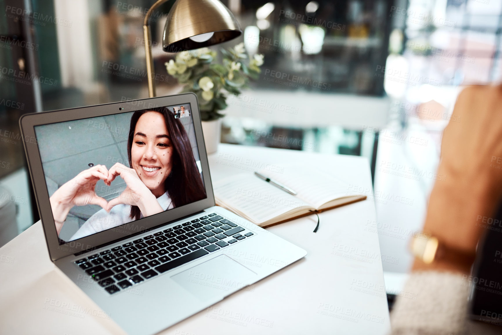 Buy stock photo Laptop screen, heart hands and woman on video conference call as communication, chat or conversation. Female person, technology and happiness for virtual meeting, discussion or connection with parent