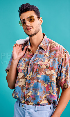 Buy stock photo Cropped shot of a handsome young man styled in 80s fashion