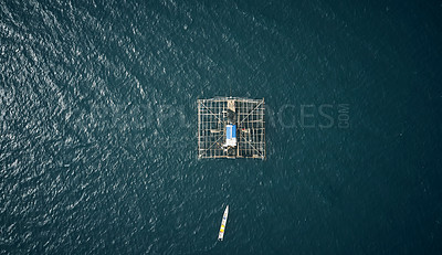 Buy stock photo Drone, water boat in the ocean for cargo, shipping and global, ecommerce or transportation. Industry, aerial view and ship at sea for retail, distribution or freight, export fishing, food or delivery