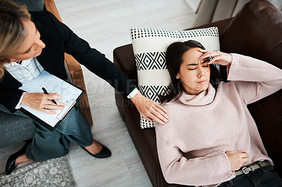 Buy stock photo Above woman, therapist and notes for counselling, help and empathy for support in office. Psychotherapist, clipboard and advise for stress, anxiety or depression for mental health consultation