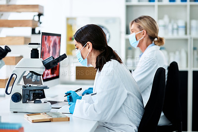 Buy stock photo Woman, scientist and microscope with analysis in science lab for medical research or innovation. Female people, technology and study in pharmaceutical, chemistry or biology for vaccine, career or phd