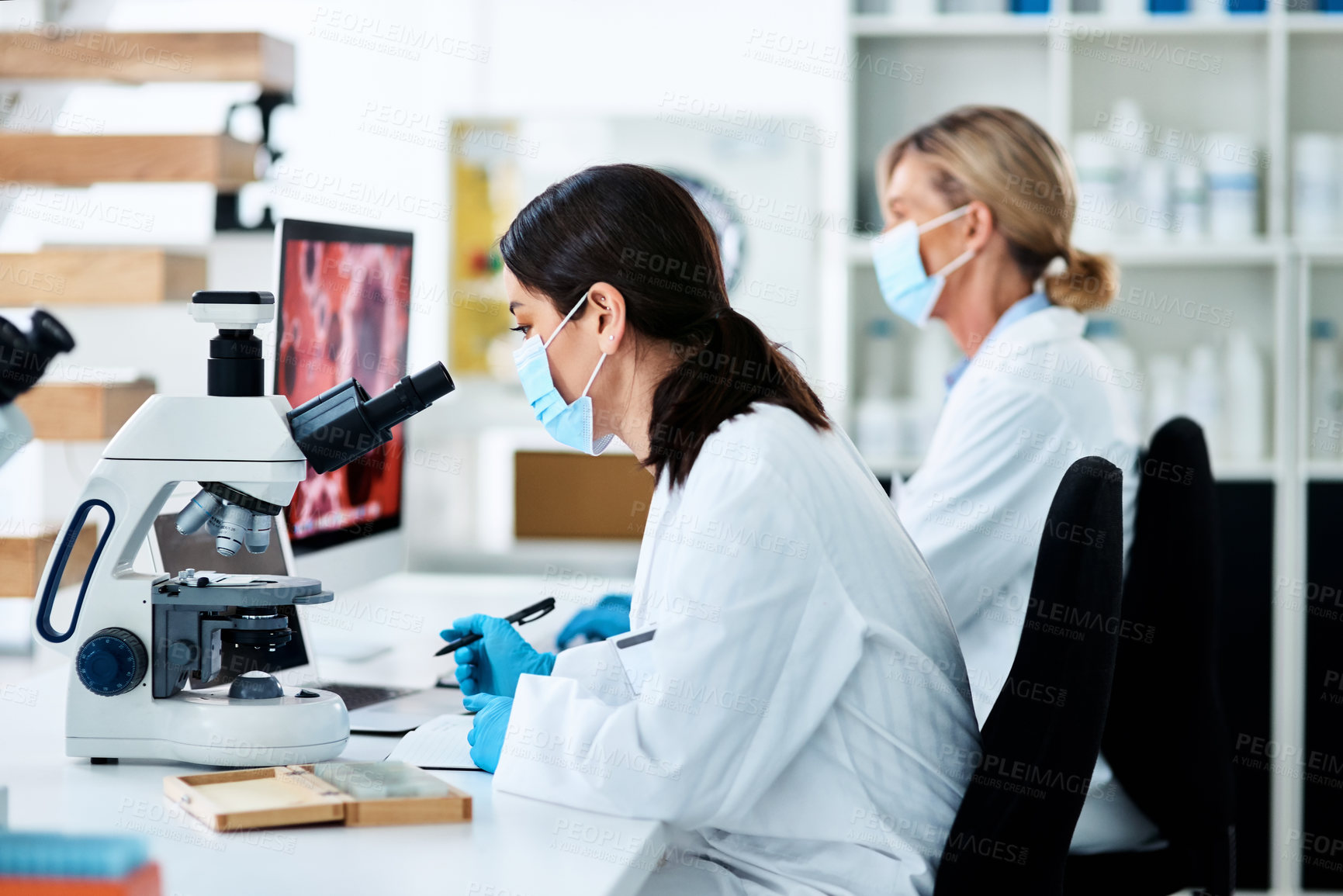 Buy stock photo Woman, scientist and microscope with analysis in science lab for medical research or innovation. Female people, technology and study in pharmaceutical, chemistry or biology for vaccine, career or phd