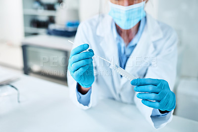 Buy stock photo Hands, swab and scientist in lab, science and vaccine for healthcare, treatment or pharmacy. Gloves, person and pharmacist with medicine for cure, medical professional and sample for test and Measles