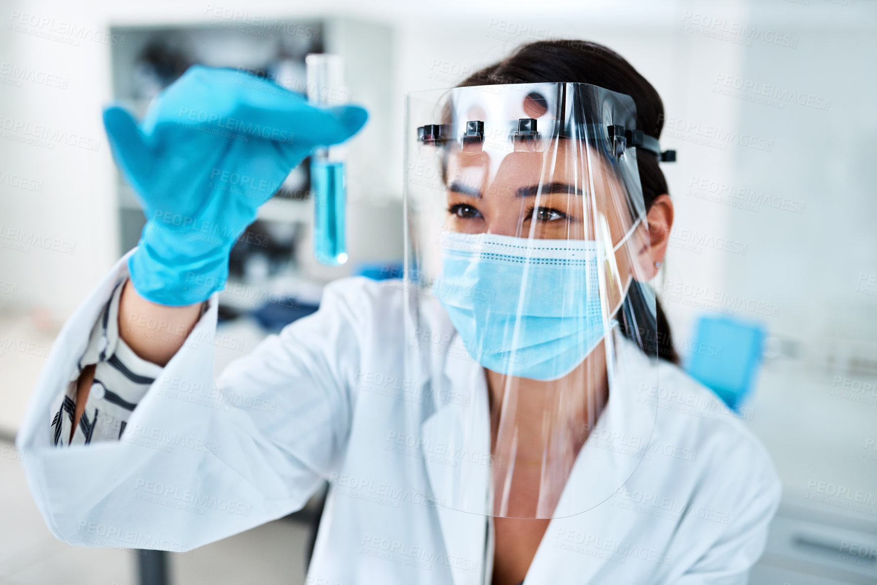 Buy stock photo Shot of a young scientist analysing samples in a lab