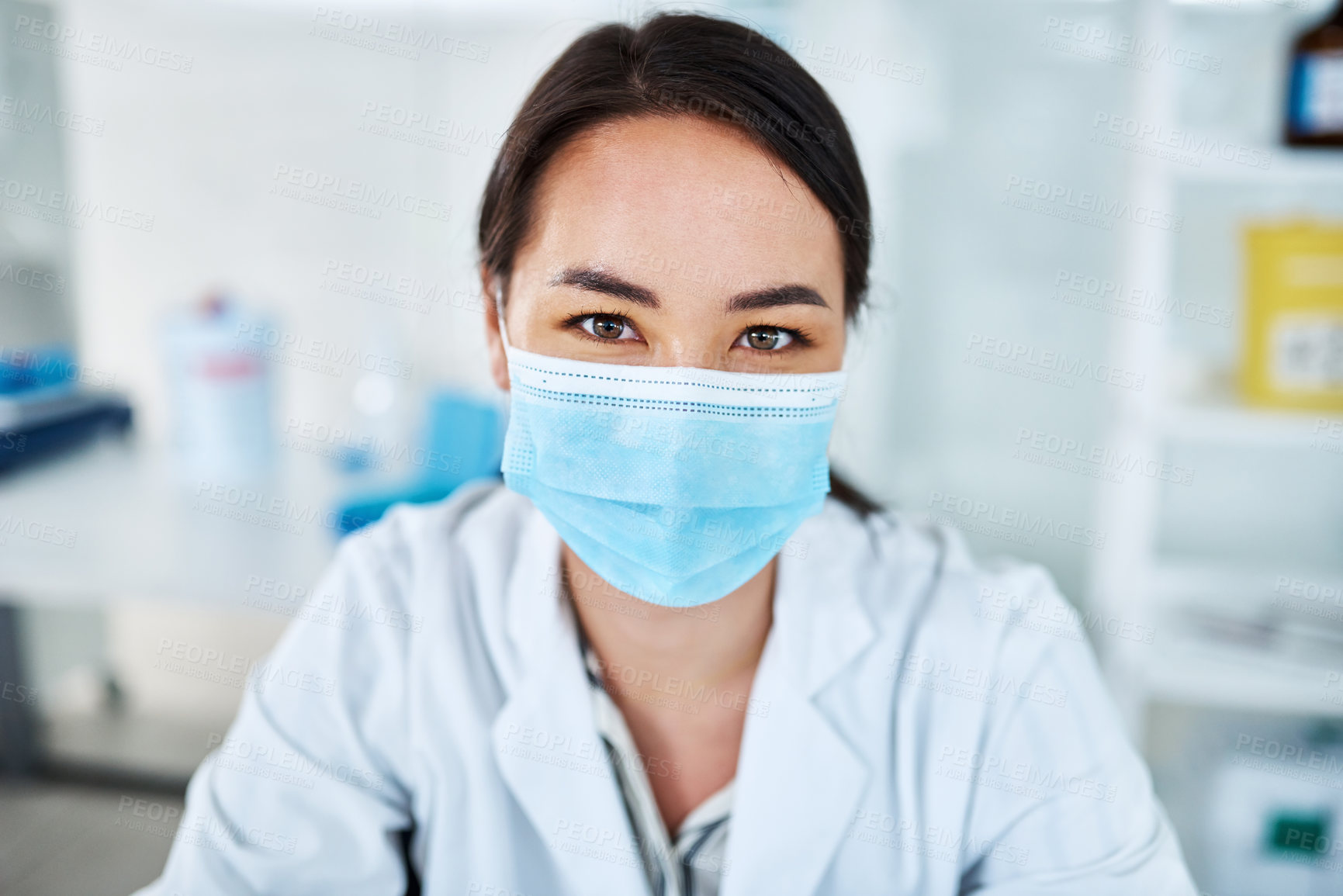 Buy stock photo Portrait, woman and scientist with face mask for medical research, innovation and phd in science lab. Female person, ppe and confidence in pharmaceutical, chemistry and biotech for future or progress