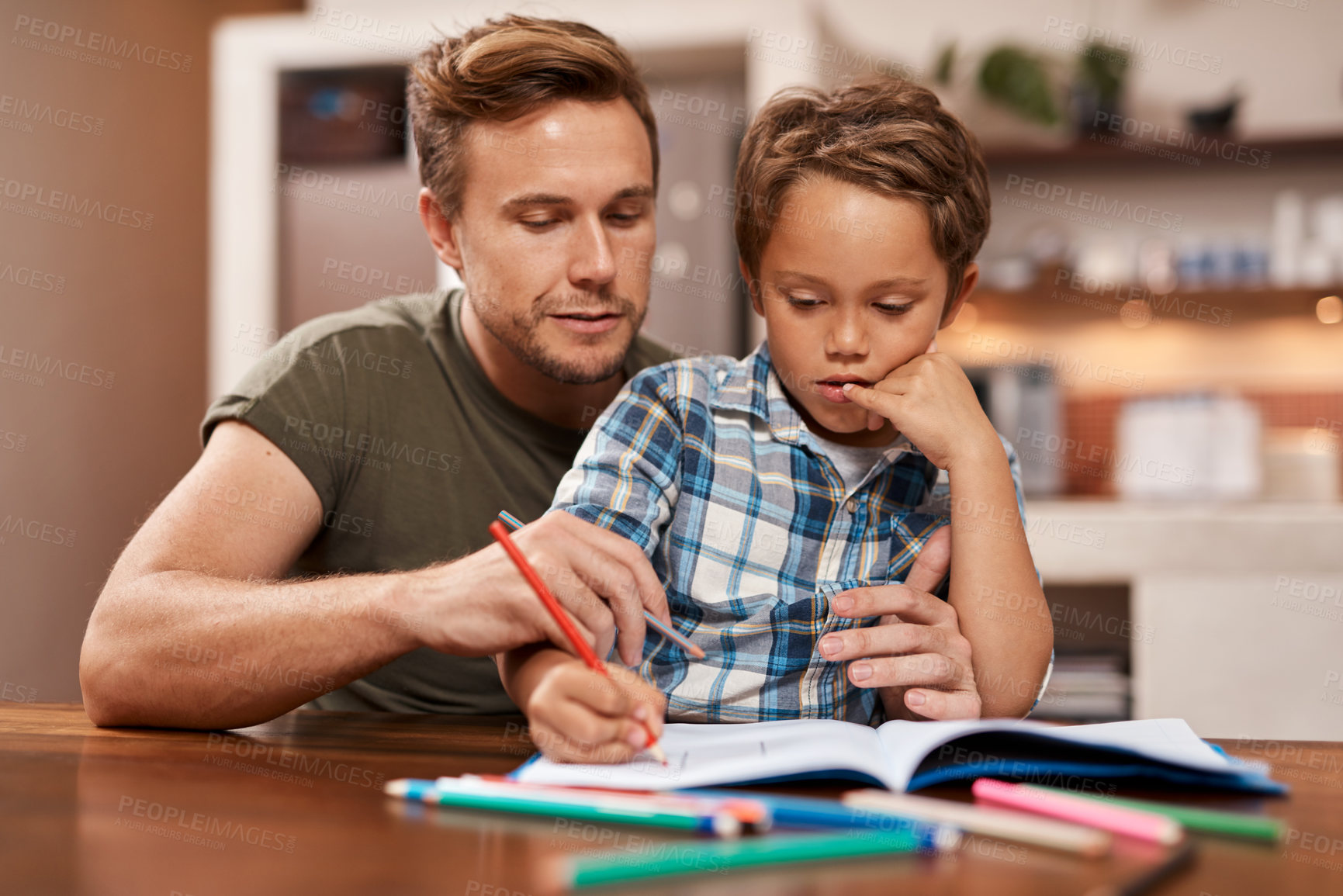 Buy stock photo Studying, writing and dad with child for knowledge, learning and creative lesson at house. Home school, notebook and happy father teaching boy at table writing for development, homework and education