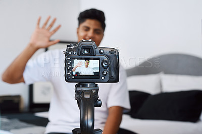 Buy stock photo Camera screen, wave and man recording video in home for content creation, photography and closeup. Live streaming, hello and happy influencer greet fans or welcome followers on social media broadcast