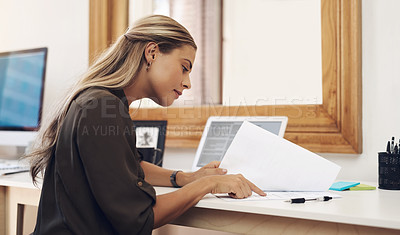 Buy stock photo Business woman, documents and accountant check report for information, financial data or analysis. Paperwork, auditor and female professional checking for auditing, planning or bookkeeping in office.