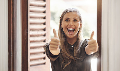 Buy stock photo Thumbs up, excited and cheerful woman showing positive hand sign after getting good news and approving job opportunity. Female with a positive attitude saying thank you for success and motivation