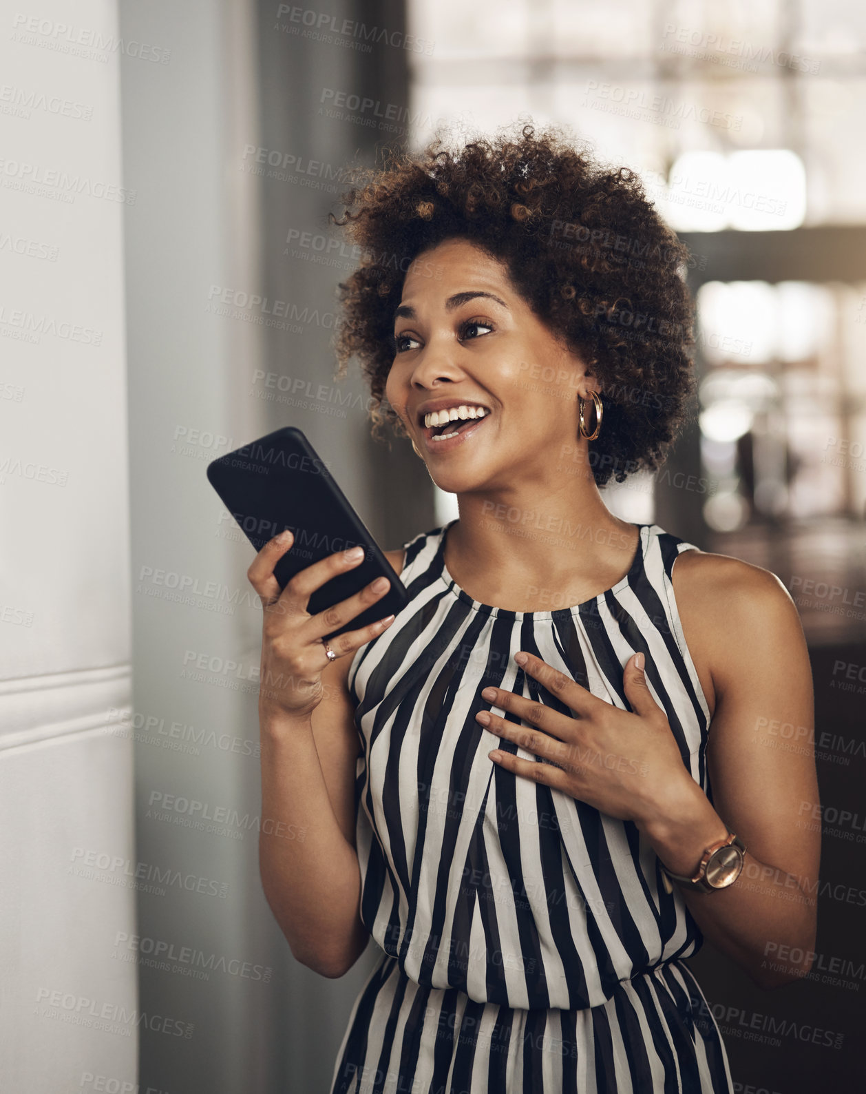 Buy stock photo Woman, phone speaker and talking in office, communication and employee networking in lobby. Female person, professional reporter and speaking to contact for quote, voice recording and journalism