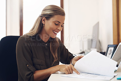 Buy stock photo Documents, business woman and accountant reading report for information, financial data or analysis. Paperwork, auditor and happy female professional check contract, review and bookkeeping in office.
